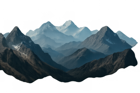 Mountain range revealing snow-covered peaks against transparent backdrop, highlighting natural landscape majesty with clean graphic design potential
