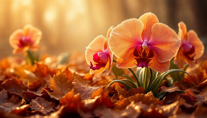 Delicate orange orchids bloom amidst a carpet of fallen autumn leaves