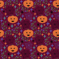 Halloween spooky seamless pattern on purple background