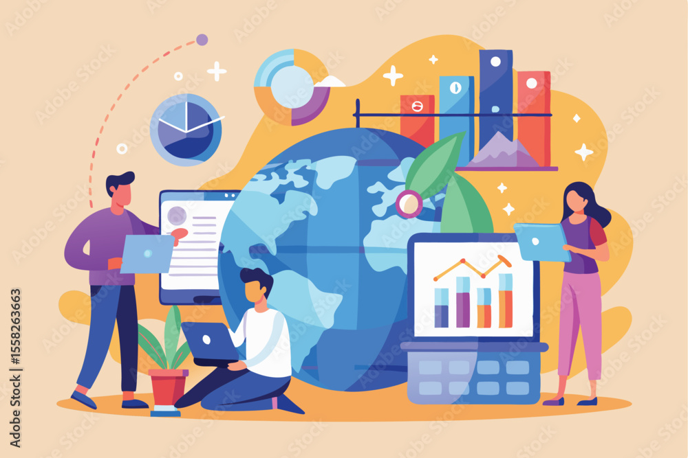 Poster people analyzing data with a globe, computer, and charts in a collaborative workspace setting