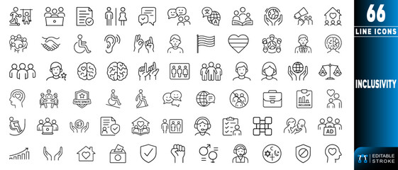 Inclusivity line icons set showcasing diverse people and activities for various uses. Vector illustration, Editable Stroke.