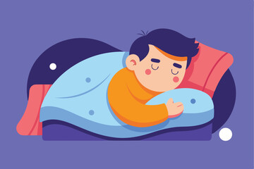 Vector illustration depicts a man peacefully sleeping in his bed under a cozy blanket at night