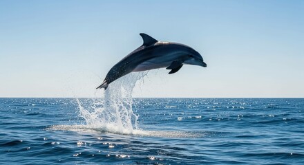 Dolphin leaps from ocean, bright sunny day, water splashes around it