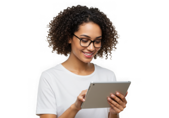 Woman using tablet with joyful expression on transparent background