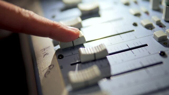 Audio mixing board: hand adjusting fader for sound control