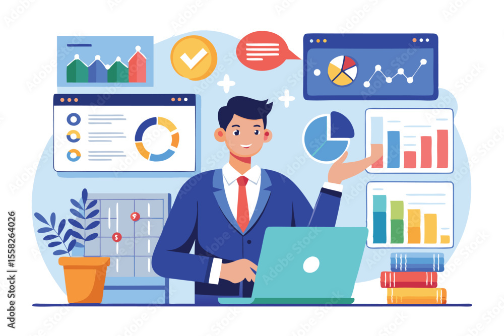 Poster analytical report presentation showcasing research results with charts and graphs in a modern office