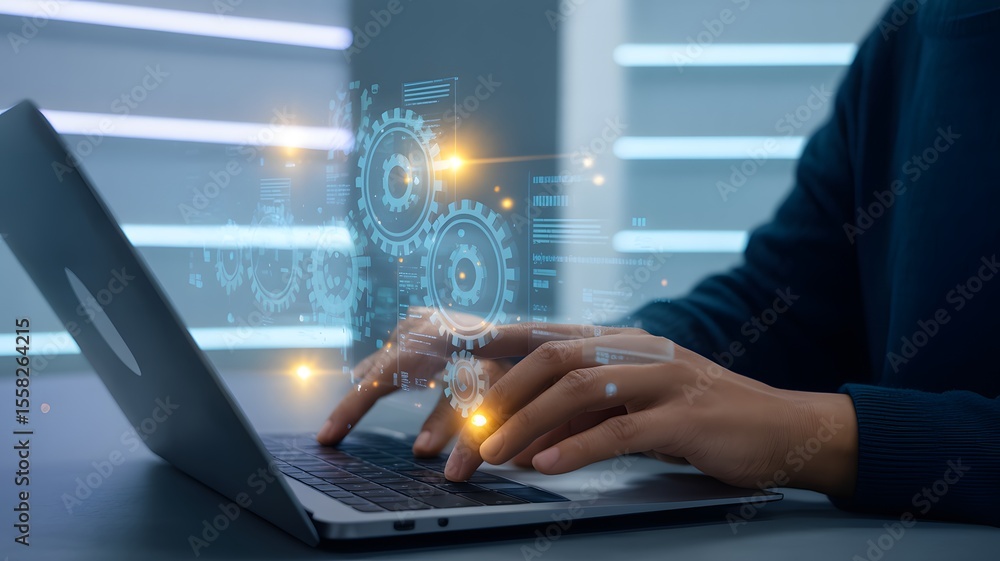 Poster digital automation process with futuristic gear mechanism icons on laptop screen for technology inno