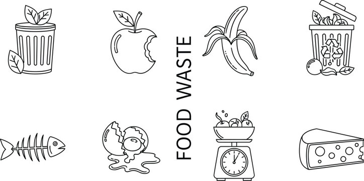 Naklejki Line art illustration of food waste items and recycling containers