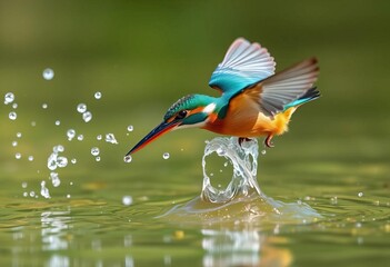 Emerald kingfisher plunging into crystal clear water, a burst of spray ,  dive,  river