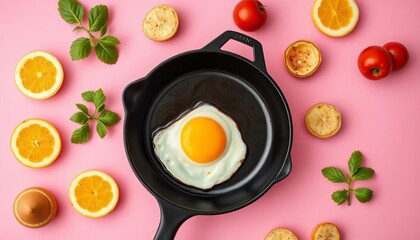 Fried egg in cast iron skillet on pink, minimalist flat lay food pattern,  simple,  yolk