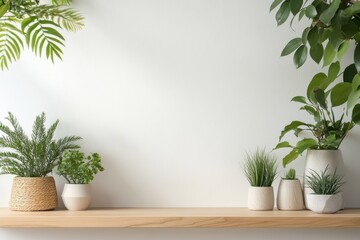 minimalist eco lifestyle interior design with light wood shelf and green plants.