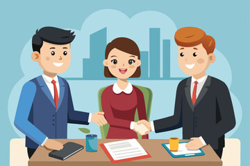 Obraz premium Business job interview concept featuring a smiling candidate shaking hands with two professionals in a modern office setting