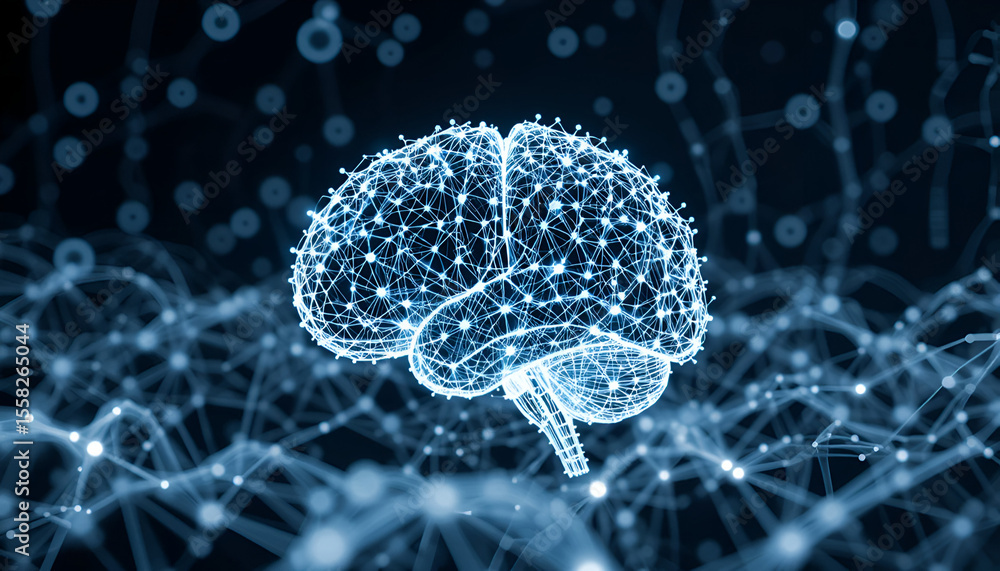 Poster a digital human brain illustration glows with connected dots, representing neural networks, artifici