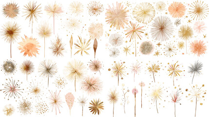 Elegant pastel firework bursts in watercolor style, ideal for celebration designs, invitations, and festive backgrounds.

