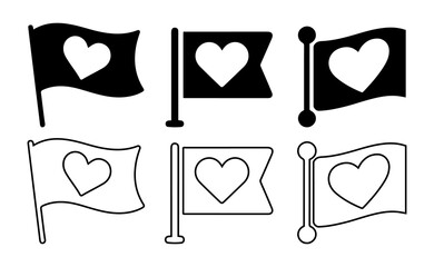 Heart Flag Icons Set - Love Flag Vector Silhouettes and Outlines.