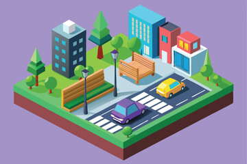 Stylish isometric vector illustration of a road with cars, buildings, trees, and urban features creating a vibrant city landscape