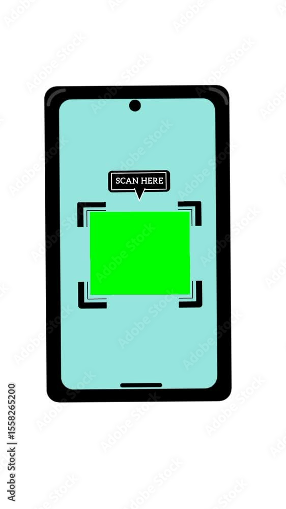 Poster scan here animation on mobile phone screen. barcode area with green screen. digital interface alert.