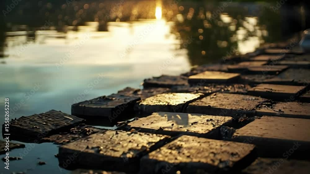 Poster a close-up view of a wet cobblestone path reflecting sunlight with water pooling on the surface near
