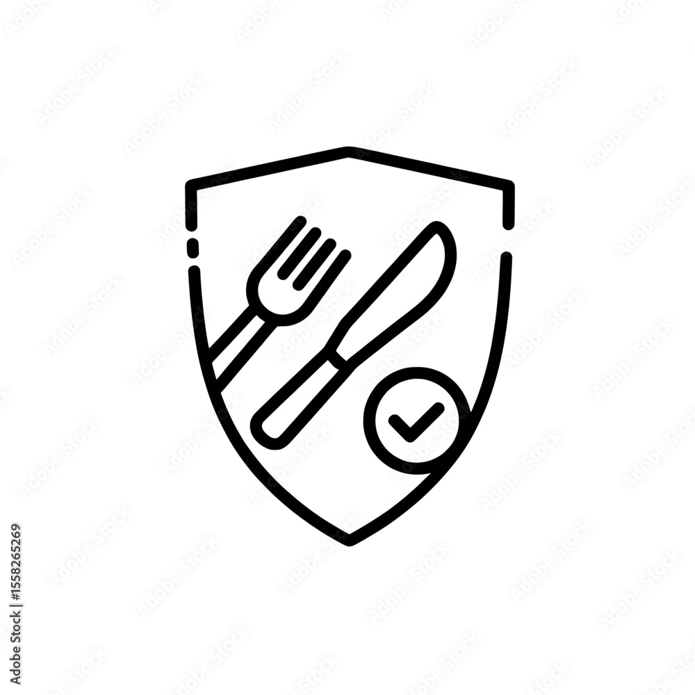 Poster fork and knife , a shield outline containing a fork knife and check mark line drawing transparent ba