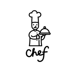 vector illustration of a chef with a tray of food , chef holding a platter with thumbs up and chef text below transparent background , no background