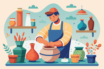 Ceramic potter shapes a new creation in a vibrant studio filled with various pots and colorful decorations