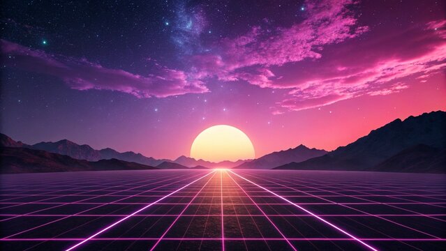 A retro-futuristic synthwave scene with a glowing neon grid stretching to a digital sun