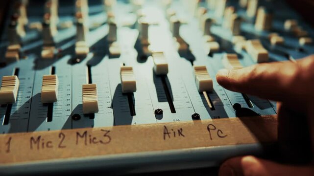 Person using audio mixer with sliders and knobs