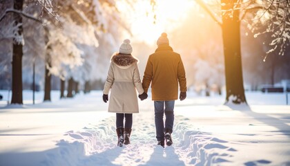 Romantic Winter Stroll Couple Holding Hands in Snowy Park at Sunset