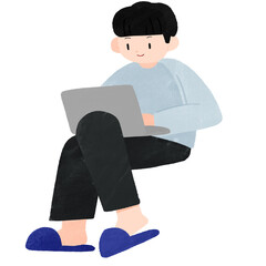 若い男性が座ってノートパソコンを見ている手描きカラーイラスト