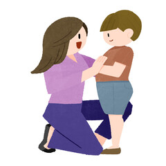 母親が膝をついて息子と目を合わせているかわいい手描きイラスト