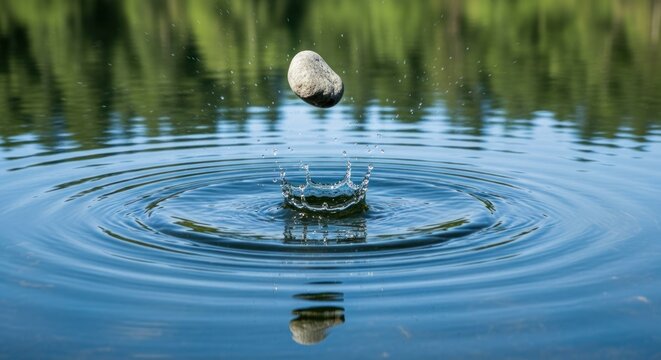 Rock creates splash and ripples on the water surface outdoors - Powered by Adobe