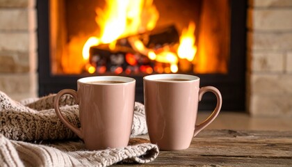 Cozy Fireplace Scene Two Warm Mugs Beside a Crackling Fire