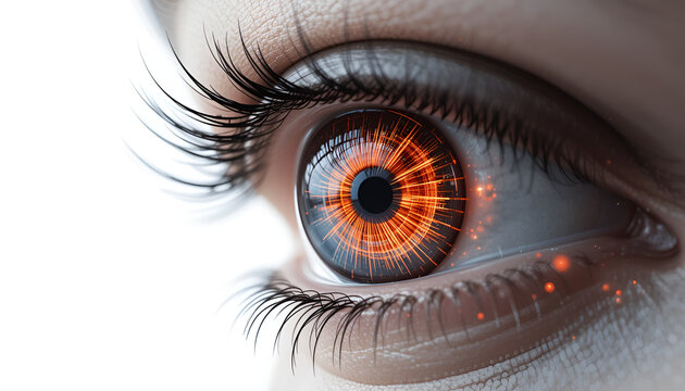 A striking close-up of a human eye featuring a futuristic, glowing orange iris with intricate digital patterns.