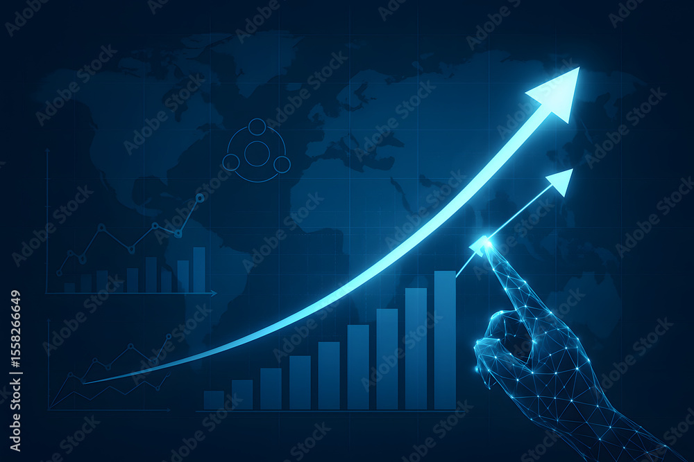 Poster digital ascent: a stylized digital rendering depicts a hand touching a rising arrow, representing gr