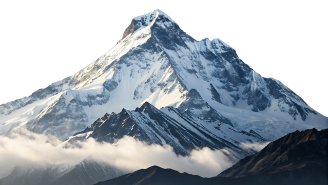 Snowy mountain peak isolated on transparent background rises above the clouds