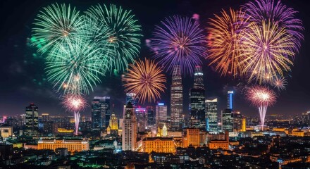City skyline with colorful fireworks at night celebration display