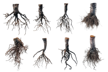 Black tree root illustrations showcase realistic taproots in various shapes and forms, emphasizing natural textures and organic designs found in diverse environments