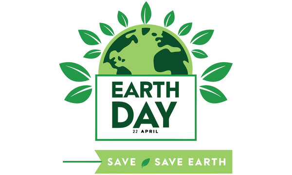 Celebrate earth day on april 22nd with this graphic featuring a stylized planet earth surrounded by green leaves and the message save our earth