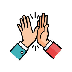Vibrant professional flat vector illustration portraying a high five between two different hands symbolizing successful teamwork collaboration partnership agreement greeting