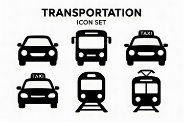 Transportation Icon Set: Simple, elegant, and versatile icon set representing various modes of transportation, including car, taxi, bus, train and tram. Perfect for app design, websites.