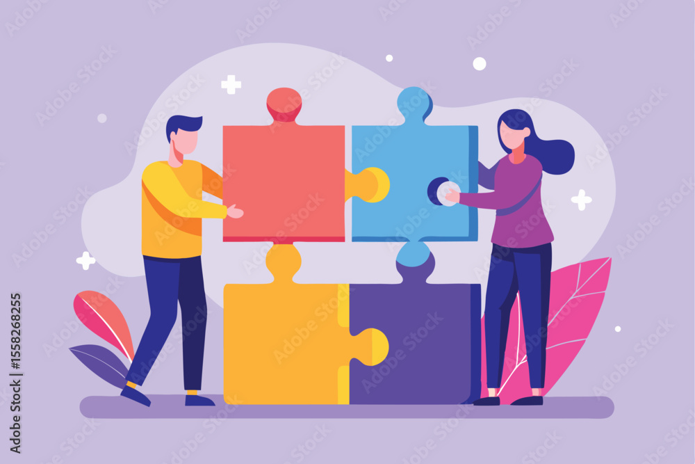 Poster two individuals collaborating on a colorful puzzle assembly in a creative workspace enjoying teamwor