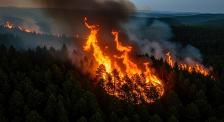 Forest fire with smoke and flames burning across a woodland area
