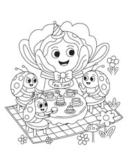 Ladybugs having tea party with cabbage fairy coloring page