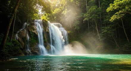 Obraz premium Scenic waterfall cascading into vibrant pool surrounded by lush forest