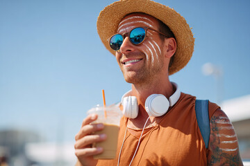 Man with distinct sunburn lines from sunglasses enjoys a sunny day at the beach