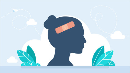 Woman face after domestic violence. Smashed girl face. Female head and brain covered with plaster. Concept of mental health, dementia, headache. Head trauma, amnesia illustration. Flat illustration