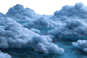 Abstract Cloud Landscape Digital Art of Puffy Clouds and Circuitry