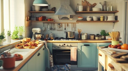 Sunny kitchen with light teal cabinets, wooden shelves, and breakfast items