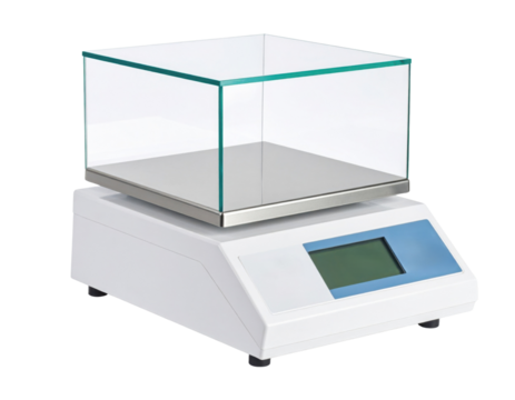 Digital precision scale with a glass enclosure and a clear LCD display, designed for accurate measurement in laboratory or industrial settings.