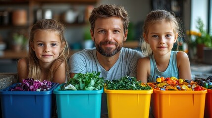 Smiling father with two daughters sorting colorful household waste into recycling bins filled with vegetables, greens, and candy wrappers at home.